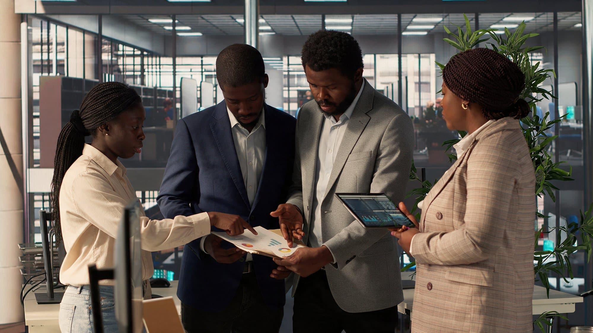 Four colleagues reviewing charts and a tablet together in an office